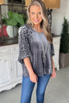 Medium Grey Leopard Splicing Lantern Sleeve Velvet Blouse-Tops-MomFashion