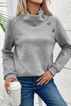 Gray Asymmetric Buttons Detail High Neck Textured Sweatshirt-Tops-MomFashion