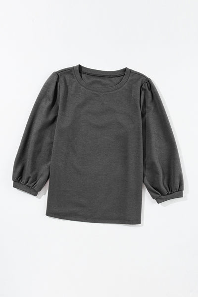 Medium Grey Solid Color 3/4 Sleeve Round Neck Blouse-Tops-MomFashion