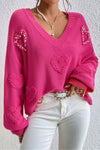 Rose Red Pearl Embellished Fuzzy Hearts V Neck Sweater-Tops-MomFashion