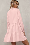 Pink Frilled Stand Collar Long Sleeve Ruffle Dress-Dresses-MomFashion