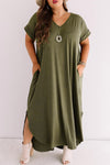 Green Plus Size V Neck Rolled Cuffs Maxi Dress-Plus Size-MomFashion