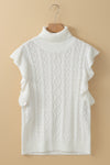 White Turtle Neck Short Sleeve Cable Knit Ruffled Sweater-Tops-MomFashion