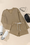 Khaki Exposed Seam Textured Long Sleeve Top Shorts Set-Loungewear-MomFashion