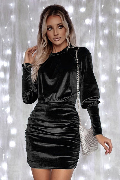 Black Velvet Puff Sleeve Ruched Bodycon Dress-Dresses-MomFashion