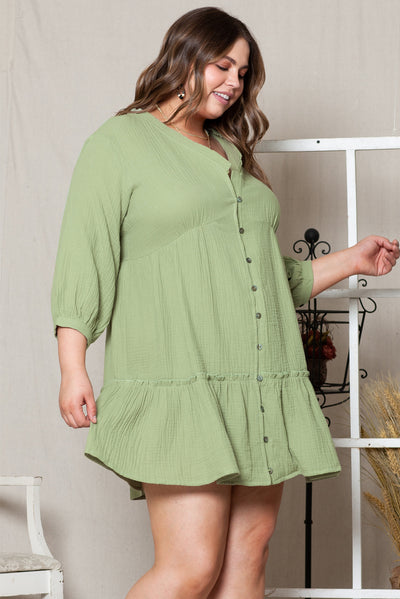 Green Textured Ruffled Buttoned V Neck Plus Size Mini Dress-Plus Size-MomFashion