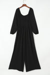 Black Smocked Square Neck Long Sleeve Wide Leg Jumpsuit-Bottoms-MomFashion