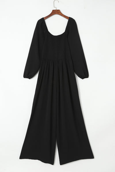 Black Smocked Square Neck Long Sleeve Wide Leg Jumpsuit-Bottoms-MomFashion