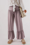 Khaki Frilled Drawstring High Waist Wide Leg Pants-Bottoms-MomFashion