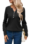 Black Trimmed Neckline Waffle Knit Henley Top-Tops-MomFashion