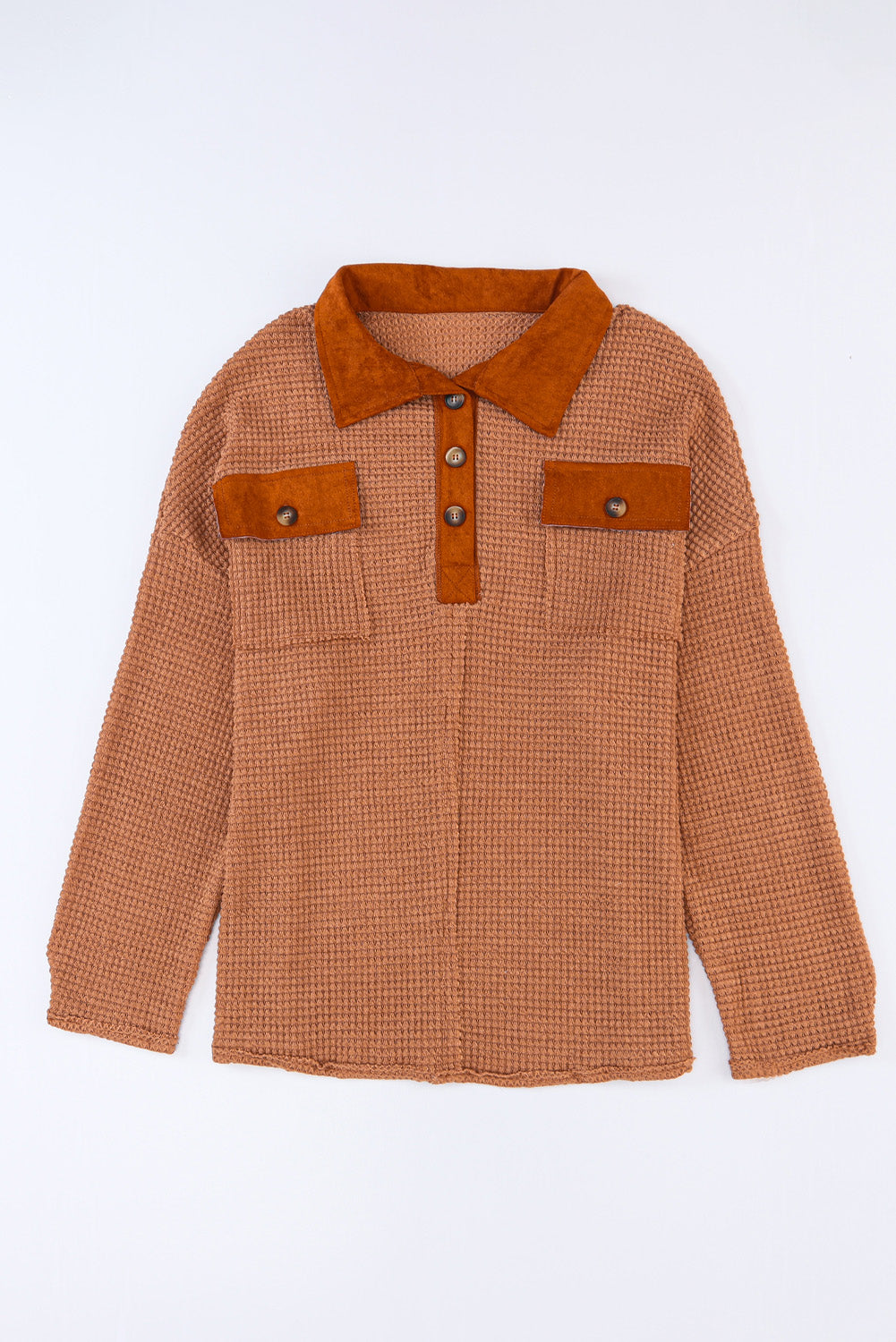 Brown Waffle Knit Button Contrast Trim Long Sleeve Top-Tops-MomFashion