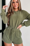 Jungle Green Corded Pullover Long Sleeve Drawstring Romper-Bottoms-MomFashion