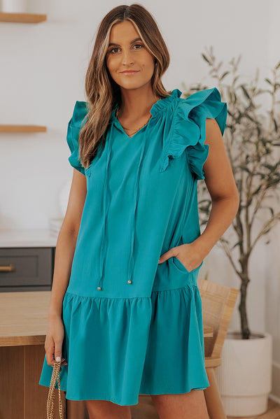 Green Tiered Ruffled Sleeves Mini Dress with Pockets-Dresses-MomFashion