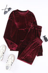 Fiery Red Solid Velvet Two Piece Lounge Set-Loungewear-MomFashion