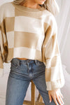 Khaki Checkered Bishop Sleeve Sweater-Tops-MomFashion