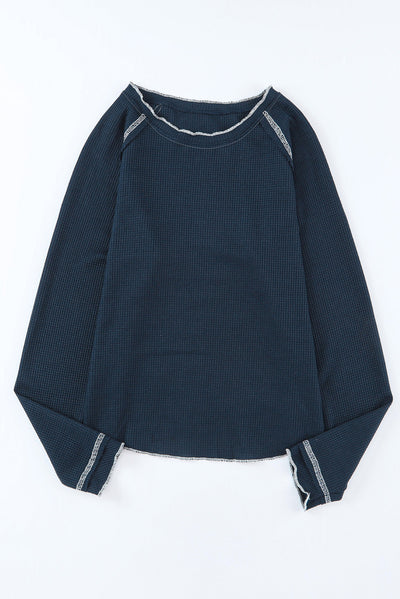 Blue Textured Round Neck Long Sleeve Top-Tops-MomFashion