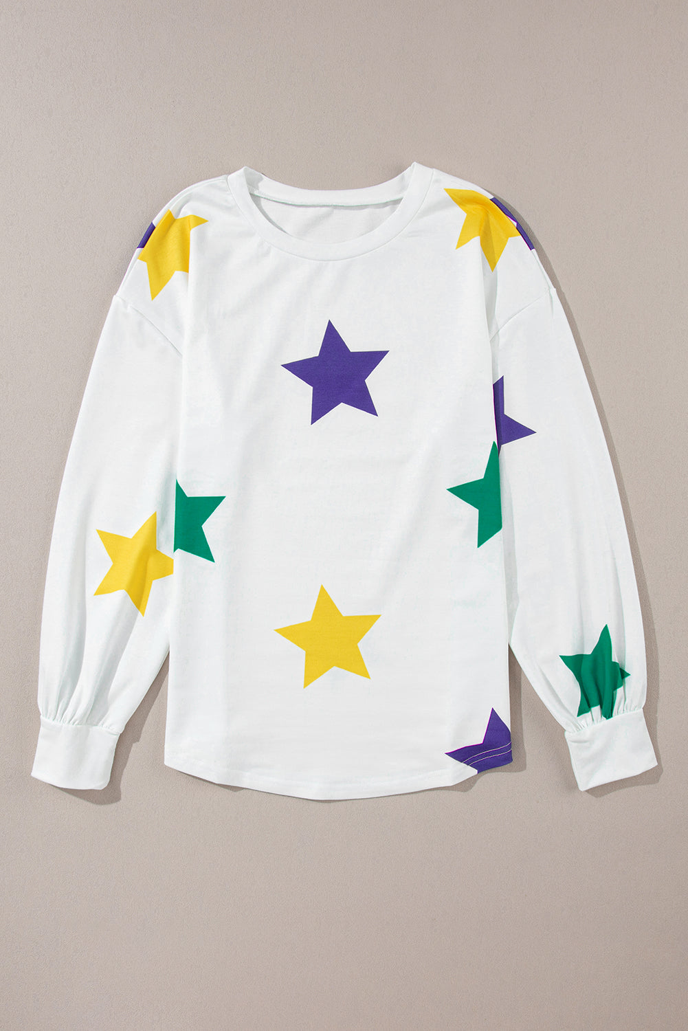 White Mardi Gras Star Printed Long Sleeve Top-Tops-MomFashion
