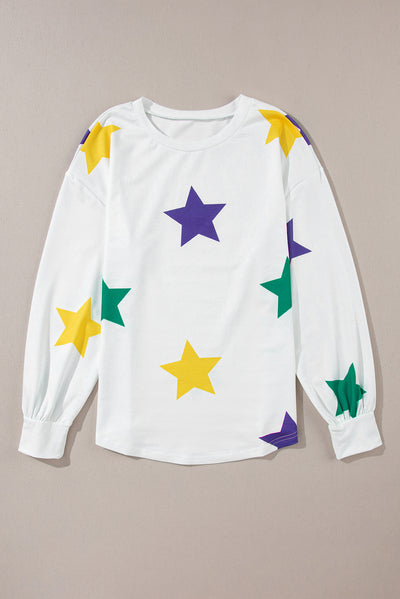 White Mardi Gras Star Printed Long Sleeve Top-Tops-MomFashion
