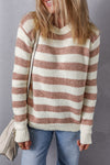 Brown Striped Round Neck Casual Sweater-Tops-MomFashion