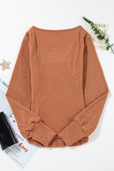 Brown U Neck Textured Long Sleeve Top-Tops-MomFashion