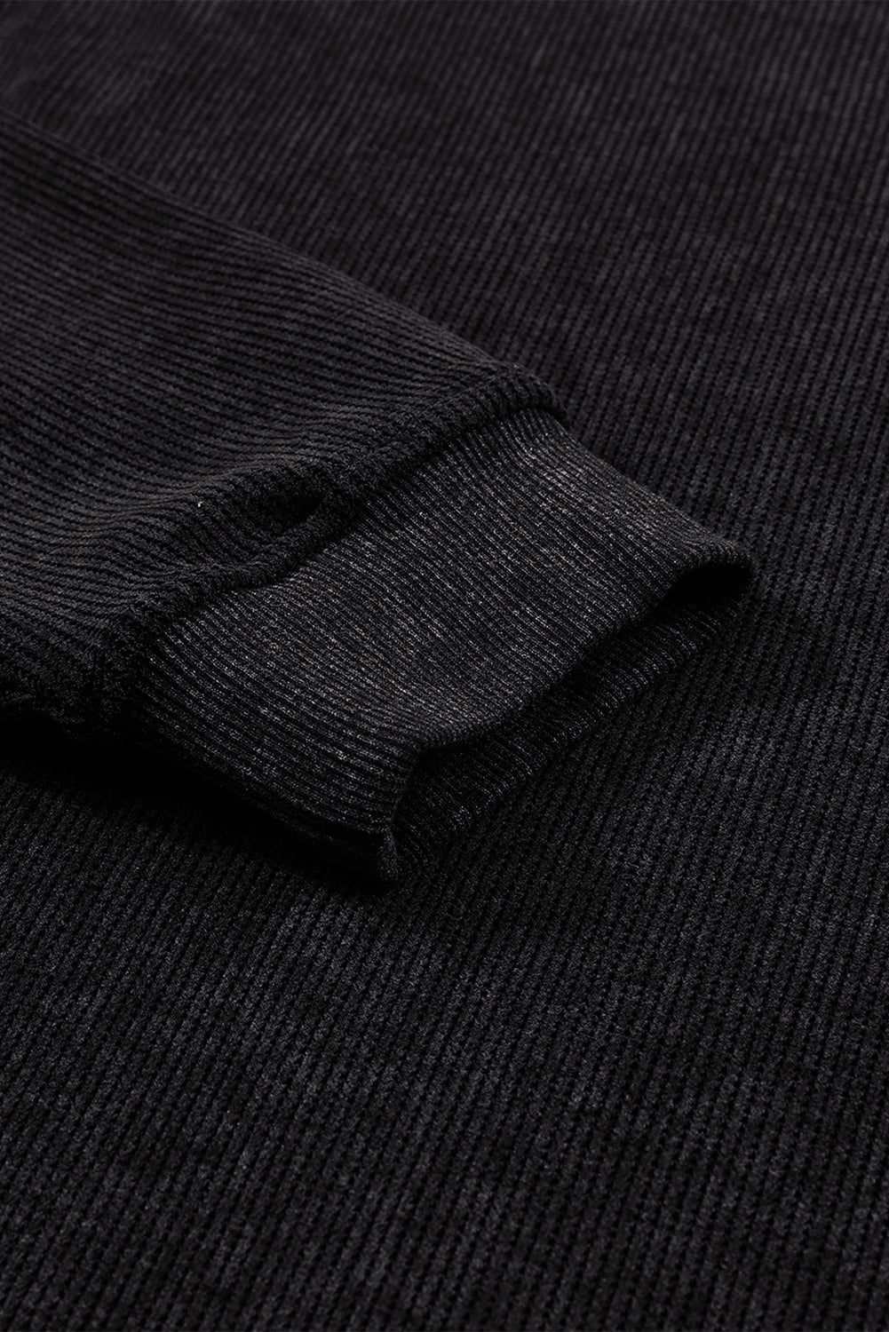 Black Solid Ribbed Knit Round Neck Pullover Sweatshirt-Tops-MomFashion