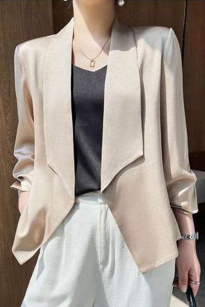 Apricot Solid Lapel Collar Satin Blazer-Outerwear-MomFashion