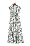 White Abstract Vein Print V Neck Ruffle Maxi Dress-Dresses-MomFashion