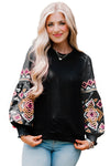 Black Printed Balloon Sleeve Crew Neck Blouse-Tops-MomFashion