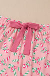 Pink Christmas Candy Cane Print Pocketed Knotted Pajama Set-Loungewear & Sleepwear/Sleepwear-MomFashion