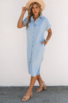 Sky Blue Chambray Shirt Short Sleeves Midi Dress-Dresses-MomFashion