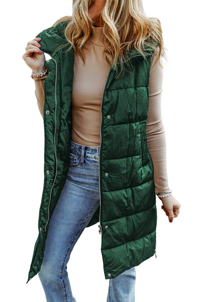 Green Hooded Long Quilted Vest Coat-Outerwear-MomFashion