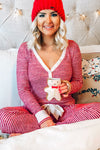 Red Stripe Buttoned V Neck Top and Knotted Waist Pants Lounge Set-Loungewear & Sleepwear/Loungewear-MomFashion