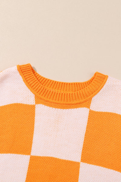 Orange Checkered Bishop Sleeve Sweater-Tops-MomFashion