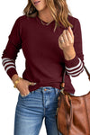 Red Striped Sleeve Plain Knit Sweater-Tops-MomFashion