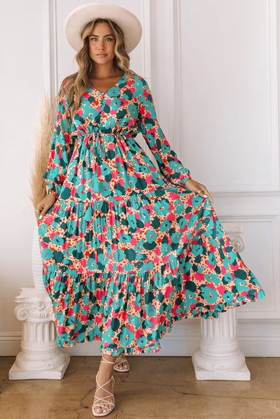 Multicolor Bohemia Print V Neck Ruffle Long Sleeve Maxi Dress-Dresses-MomFashion