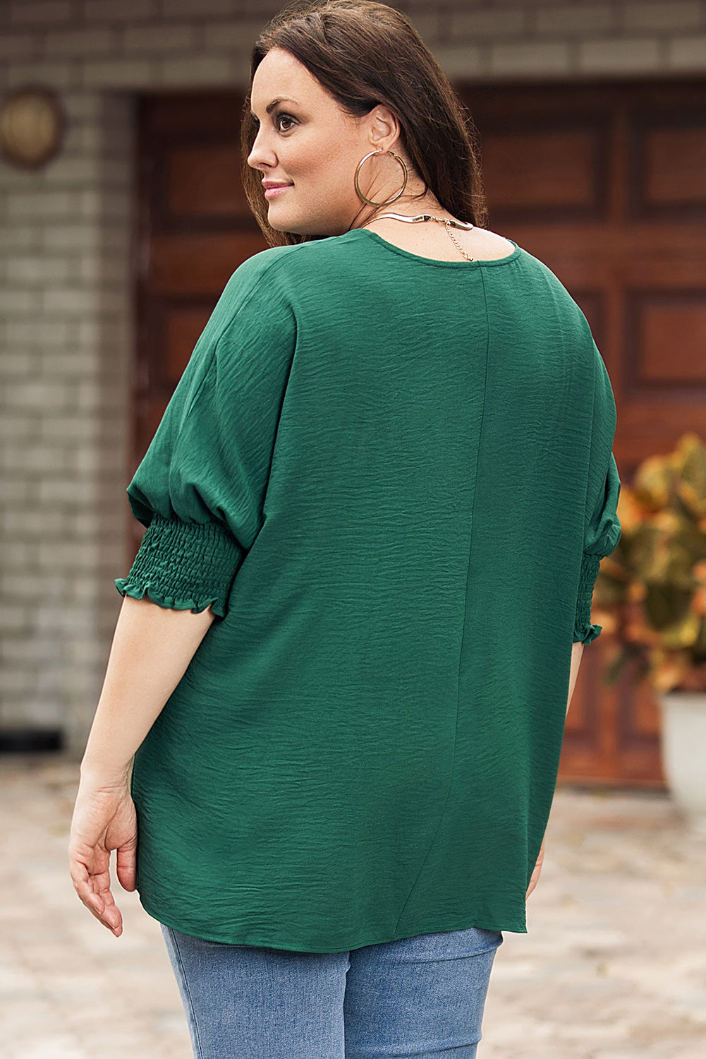 Green Smocked Wrist Shift Top-Tops-MomFashion