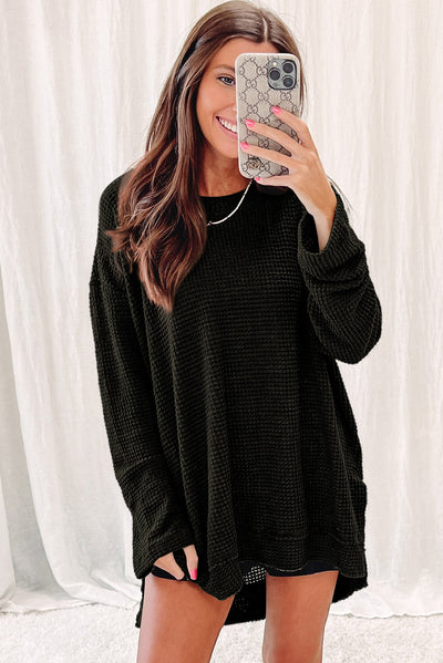 Black Waffle Knit High Slits Oversized Top-Tops-MomFashion