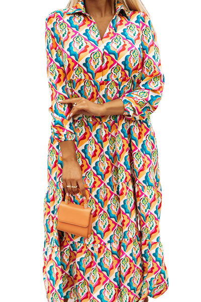 Multicolor Abstract Geometric Print Long Sleeve High Waist Dress-Dresses-MomFashion