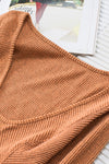 Brown U Neck Textured Long Sleeve Top-Tops-MomFashion