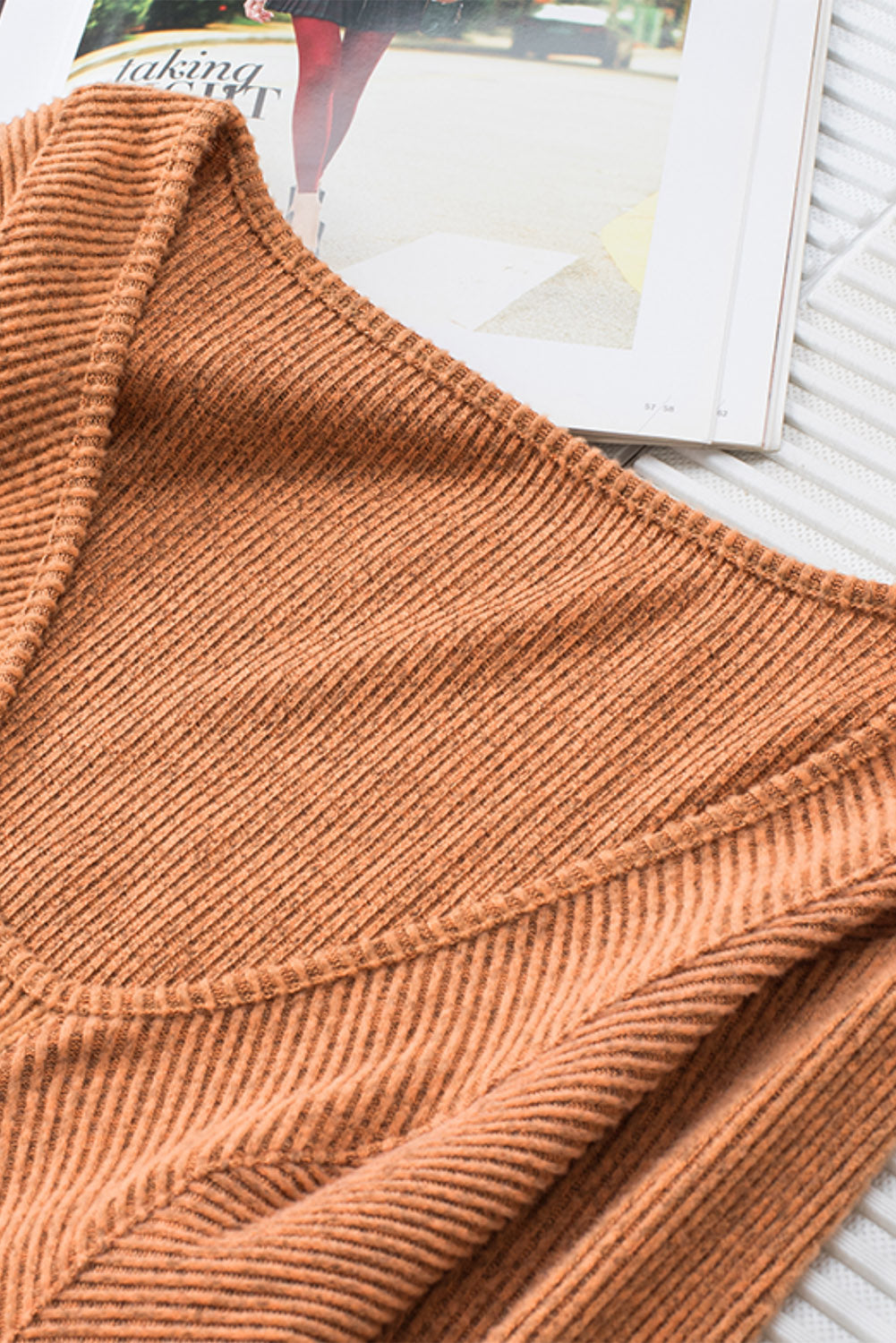 Brown U Neck Textured Long Sleeve Top-Tops-MomFashion