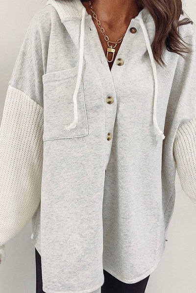 Gray Button Up Contrast Knitted Sleeves Hooded Jacket-Outerwear-MomFashion