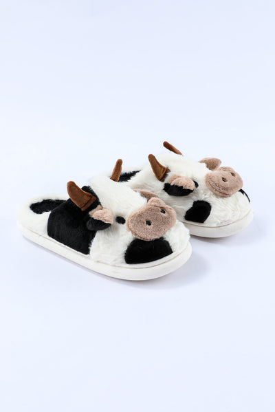 White Cartoon Animal Cow Plush Slippers-Shoes & Bags-MomFashion