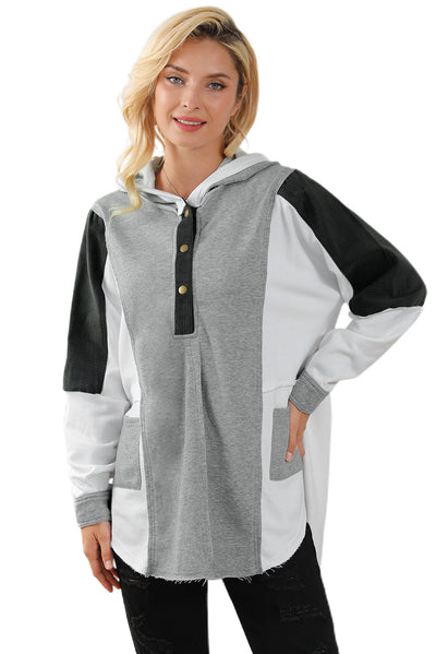 Gray Color Block Exposed Seam Buttoned Neckline Hoodie-Tops-MomFashion