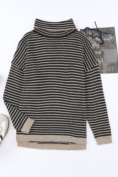 Black Striped Turtleneck Loose Sweater-Tops-MomFashion