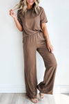 Smoke Gray Solid Color T Shirt 2pcs Wide Leg Pants Set-Two Piece Sets/Pant Sets-MomFashion