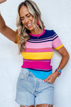 Pink Mixed Stripes Ribbed Knit Top-Tops-MomFashion