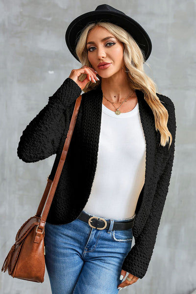 Black Popcorn Knit Open Front Cardigan-Tops-MomFashion