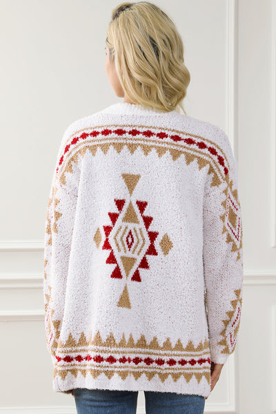 White Aztec Pattern Open Knitted Cardigan-Tops-MomFashion