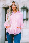 Pink Smocked Cuffed Striped Boyfriend Shirt with Pocket-Tops-MomFashion