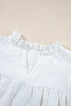 White Ruffle Accent Flutter Sleeve Notch Neck Top-Tops-MomFashion